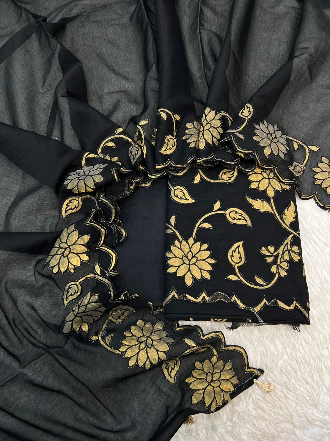 Pure Chanderi Applique Suit Set | Unstitched Designer Dress Material