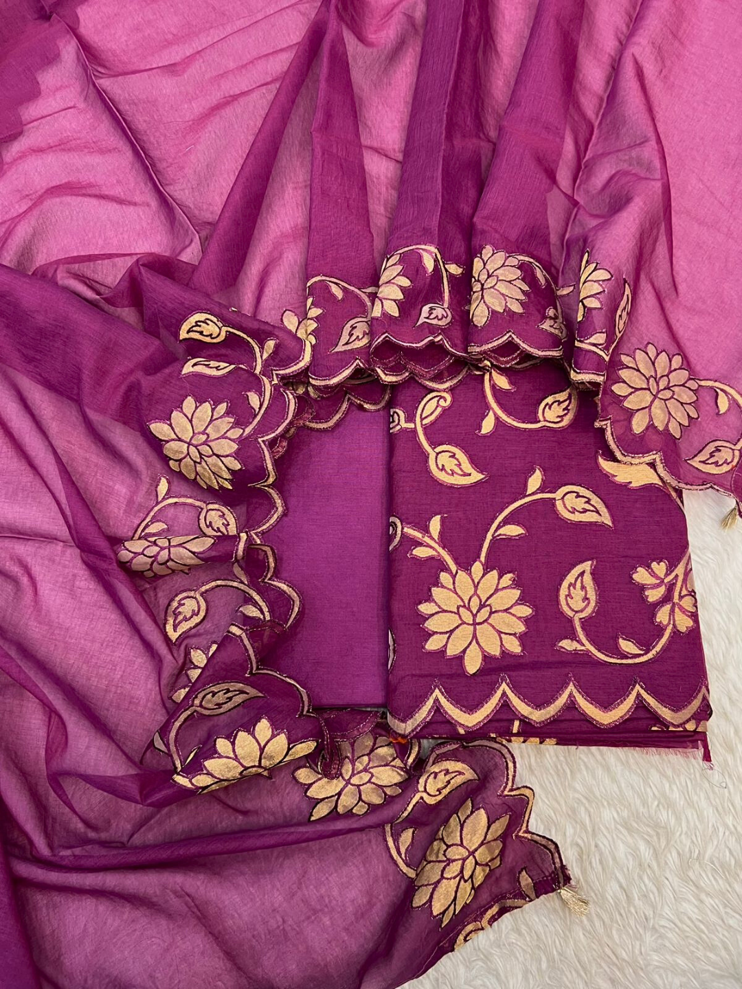 Pure Chanderi Applique Suit Set | Unstitched Designer Dress Material