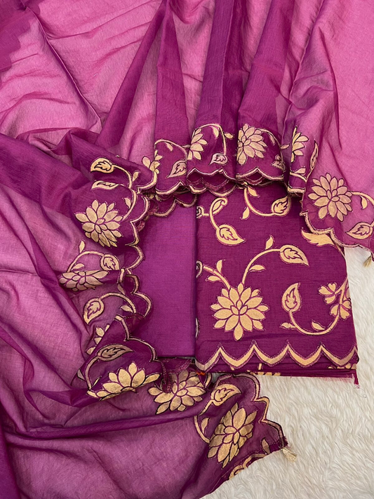 Pure Chanderi Applique Suit Set | Unstitched Designer Dress Material