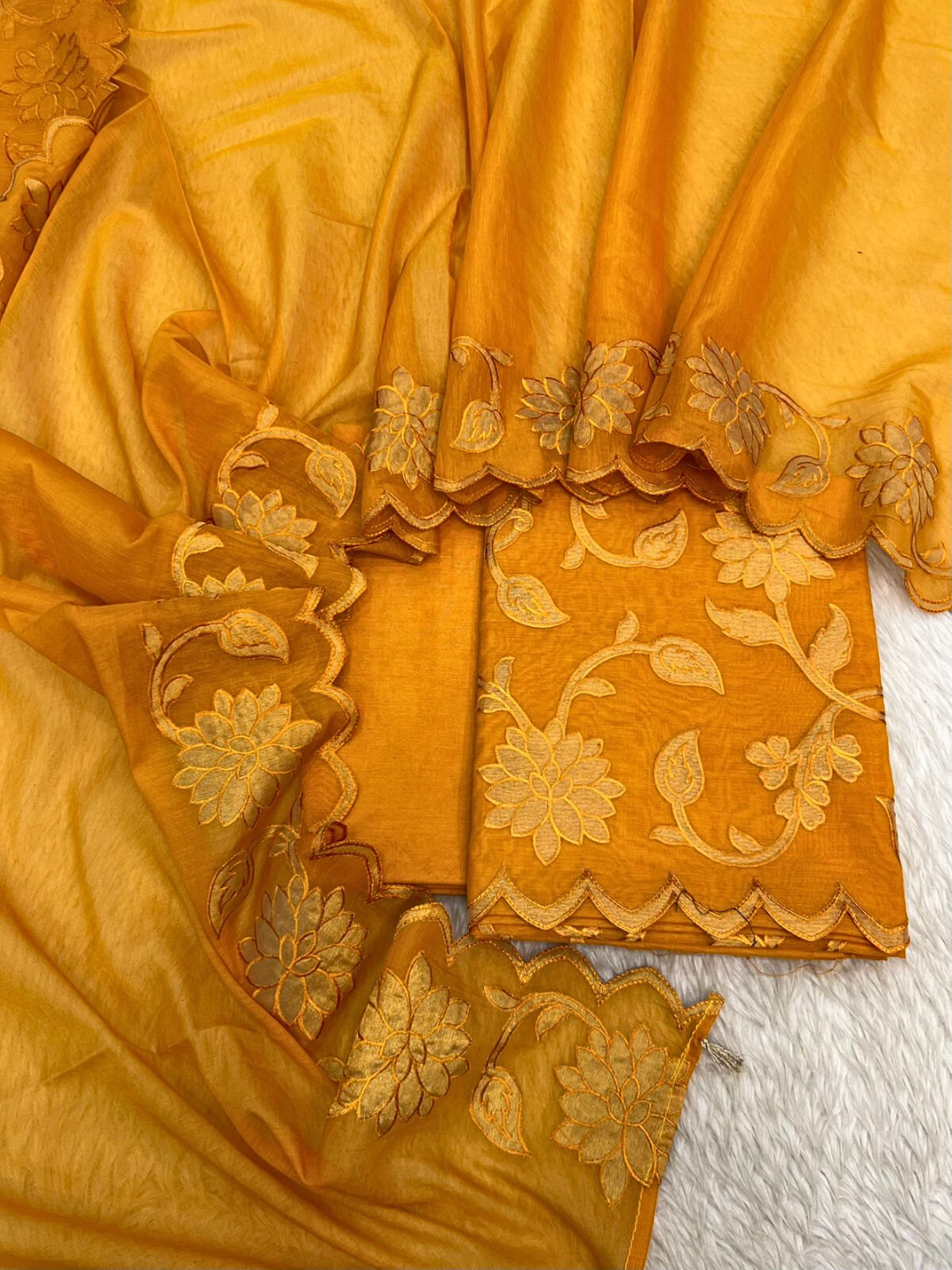 Pure Chanderi Applique Suit Set | Unstitched Designer Dress Material