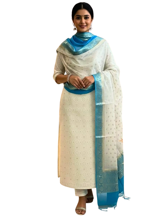 Unstitched 100% Cotton Salwar Suit with Chanderi Dupatta