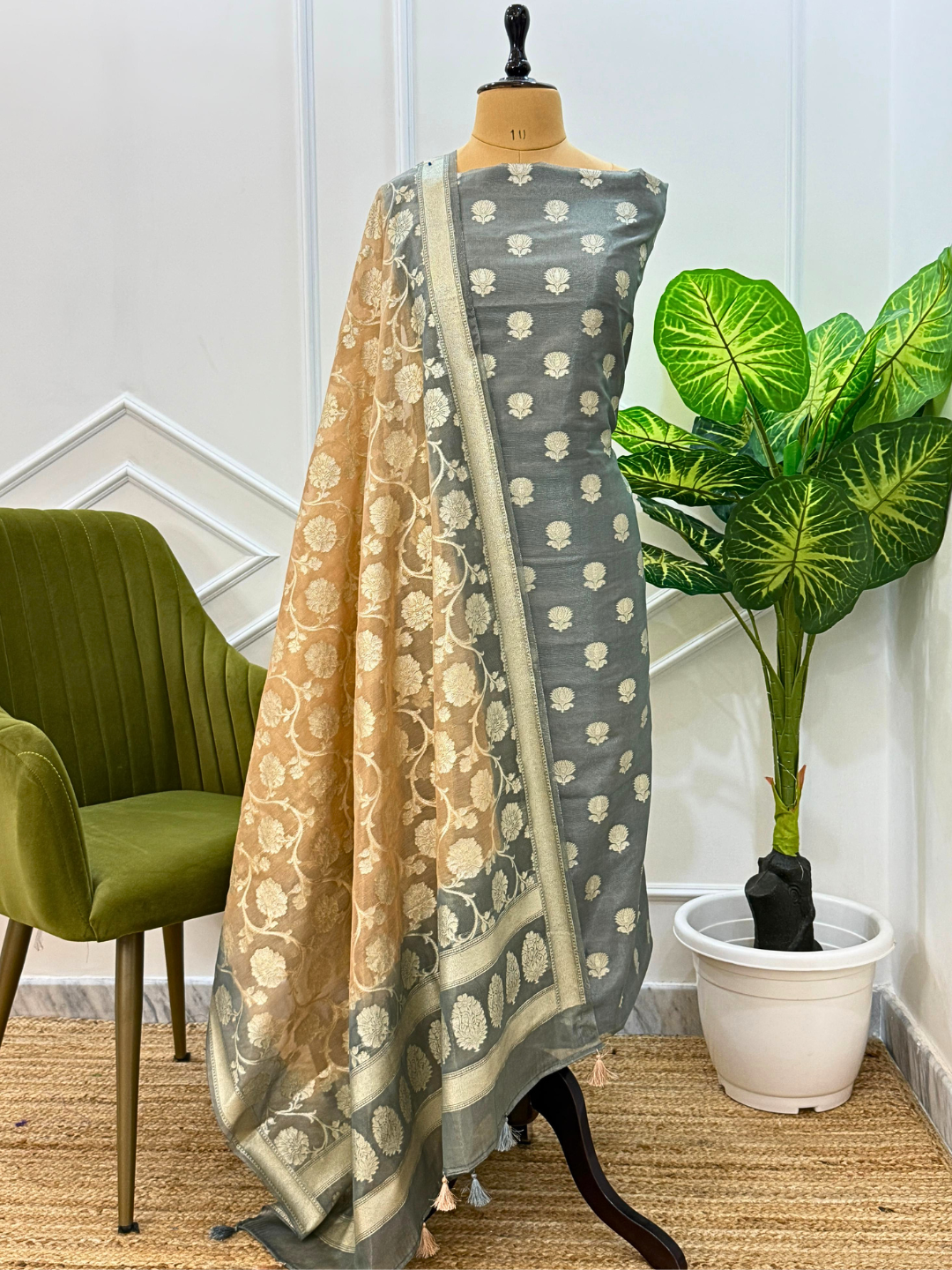 Unstitched Chanderi Cotton Suit, Handloom Indian Suit Set with Dupatta