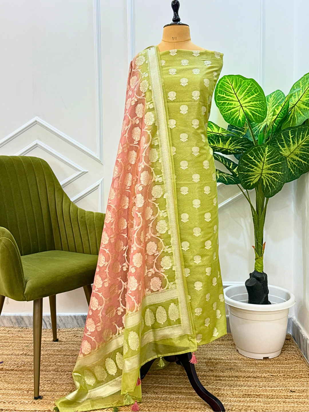 Unstitched Chanderi Cotton Suit, Handloom Indian Suit Set with Dupatta