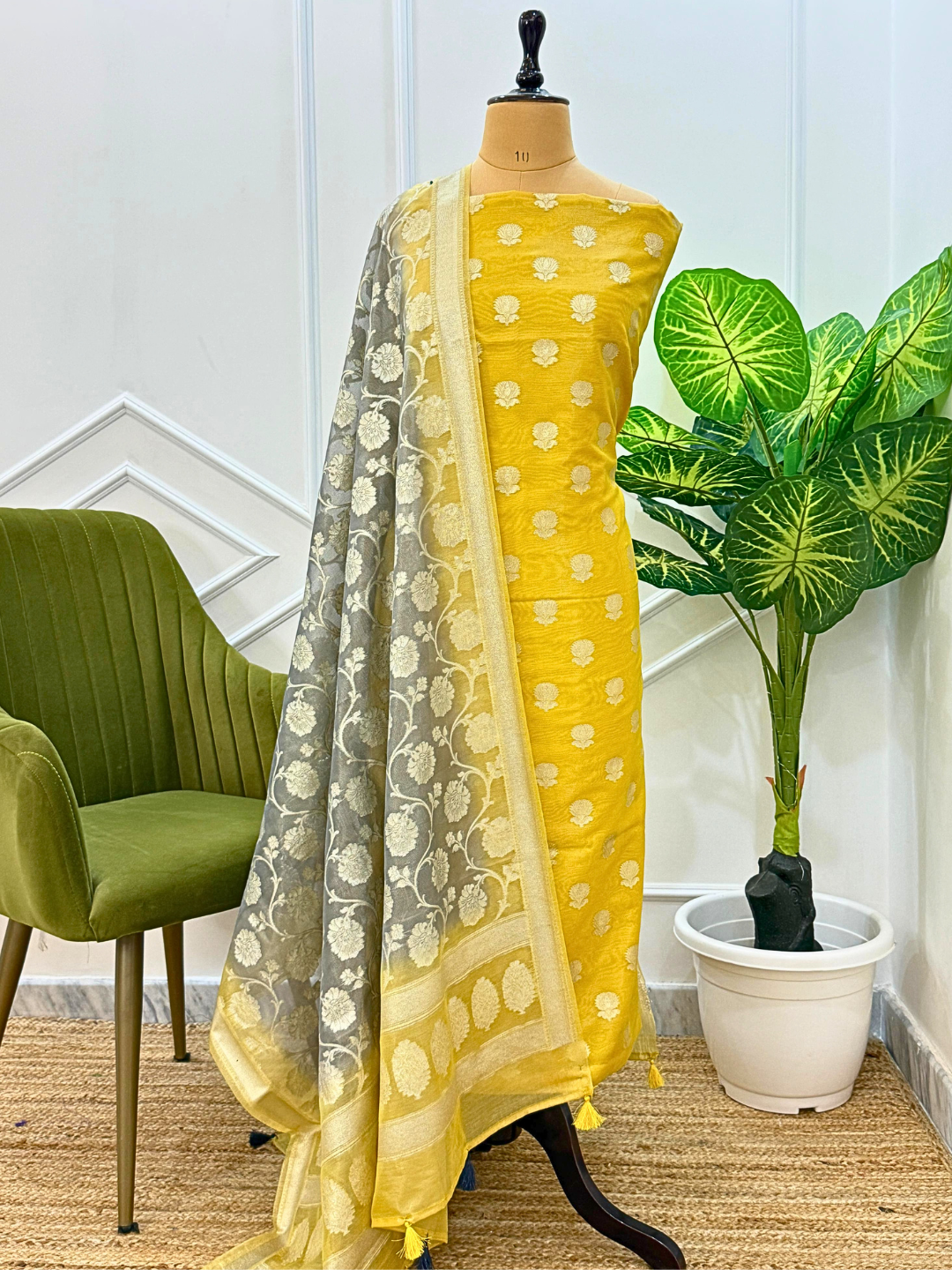 Unstitched Chanderi Cotton Suit, Handloom Indian Suit Set with Dupatta