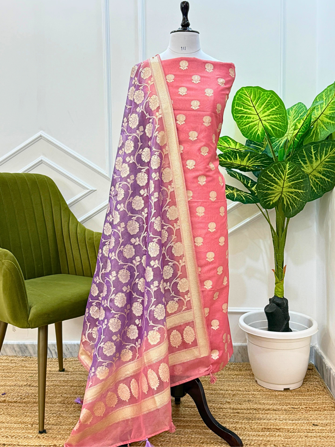 Unstitched Chanderi Cotton Suit, Handloom Indian Suit Set with Dupatta