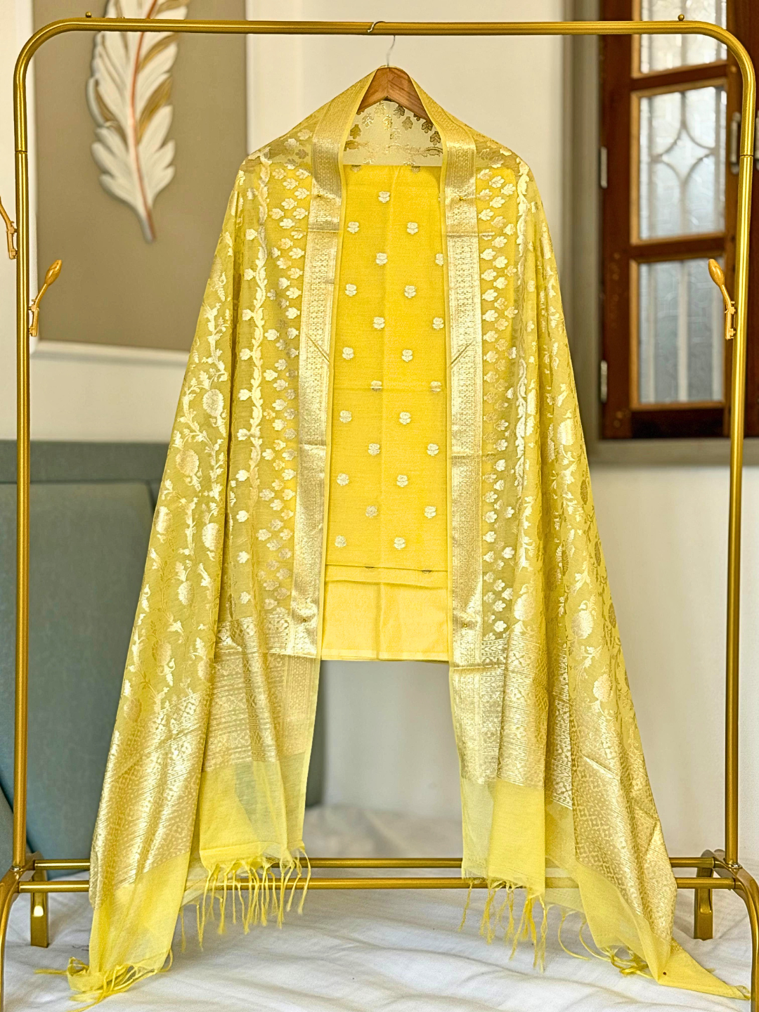 Chanderi Cotton Suit with Dupatta, Handwoven Indian salwar suit  for festive and special occasions