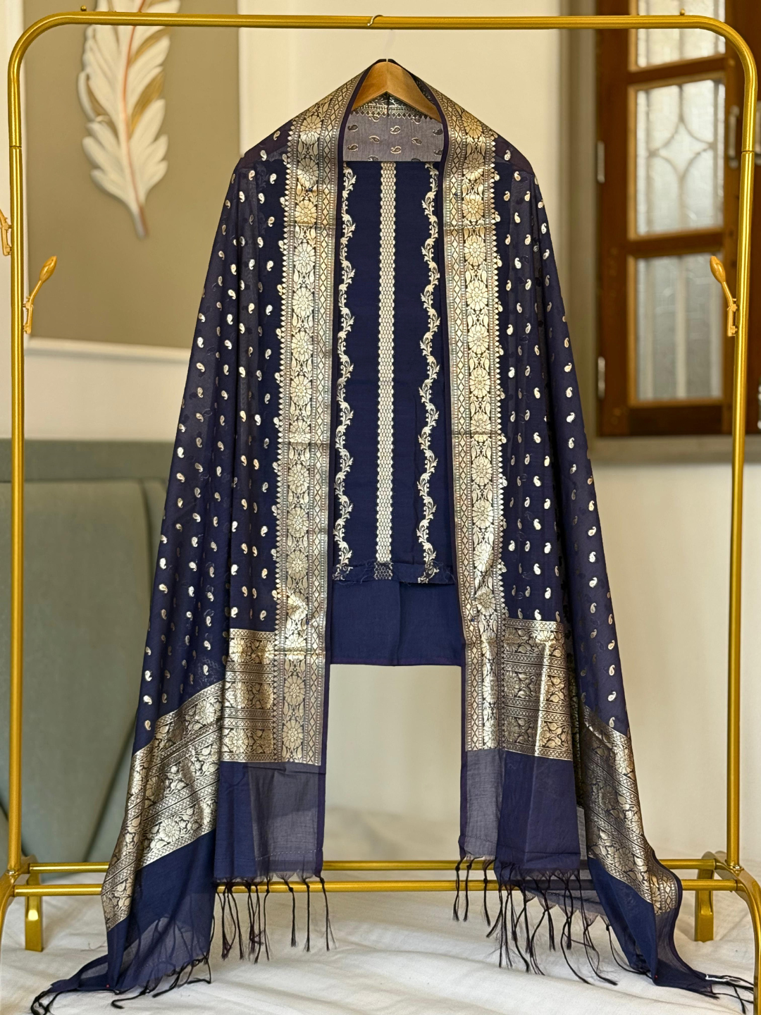 Chanderi Cotton Suit with Dupatta, Handwoven Indian salwar suit  for festive and special occasions