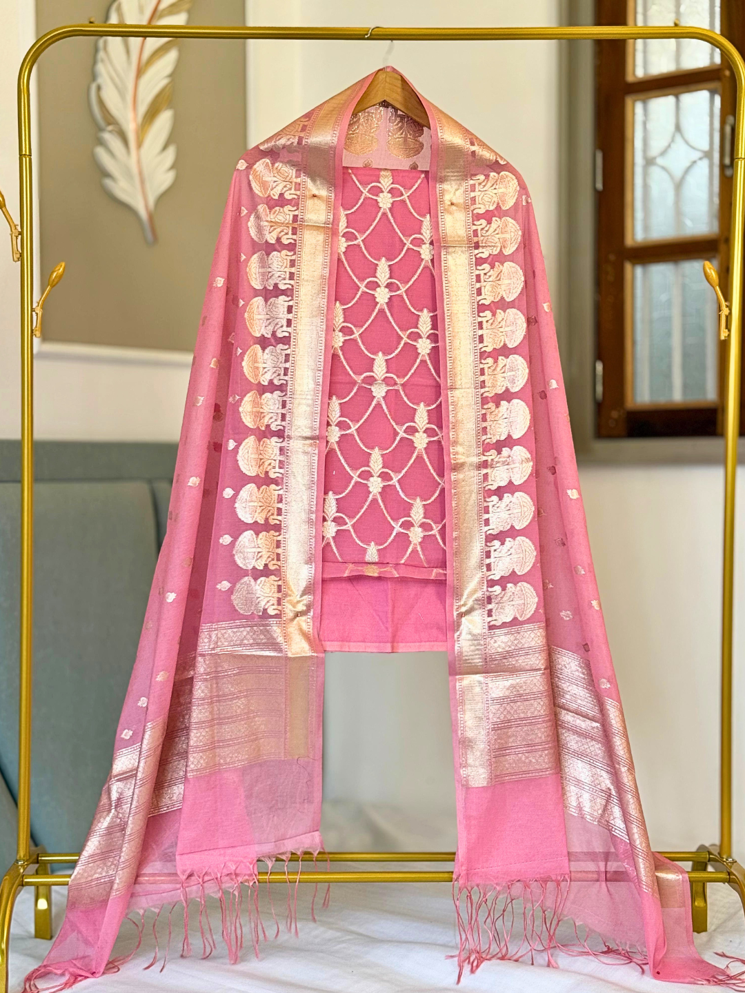 Chanderi Cotton Suit with Dupatta, Handwoven Indian salwar suit  for festive and special occasions