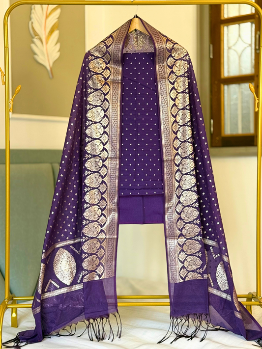 Chanderi Cotton Suit with Dupatta, Handwoven Indian salwar suit  for festive and special occasions