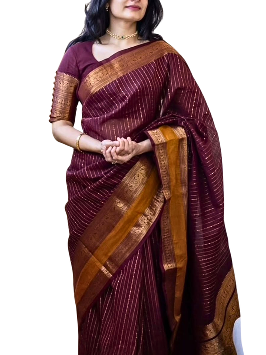 Lightweight Summer Wedding Saree | Handwoven Kanchi Cotton Saree with Rich Pallu