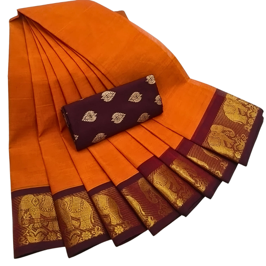 Orange kanchi cotton saree with maroon zari border