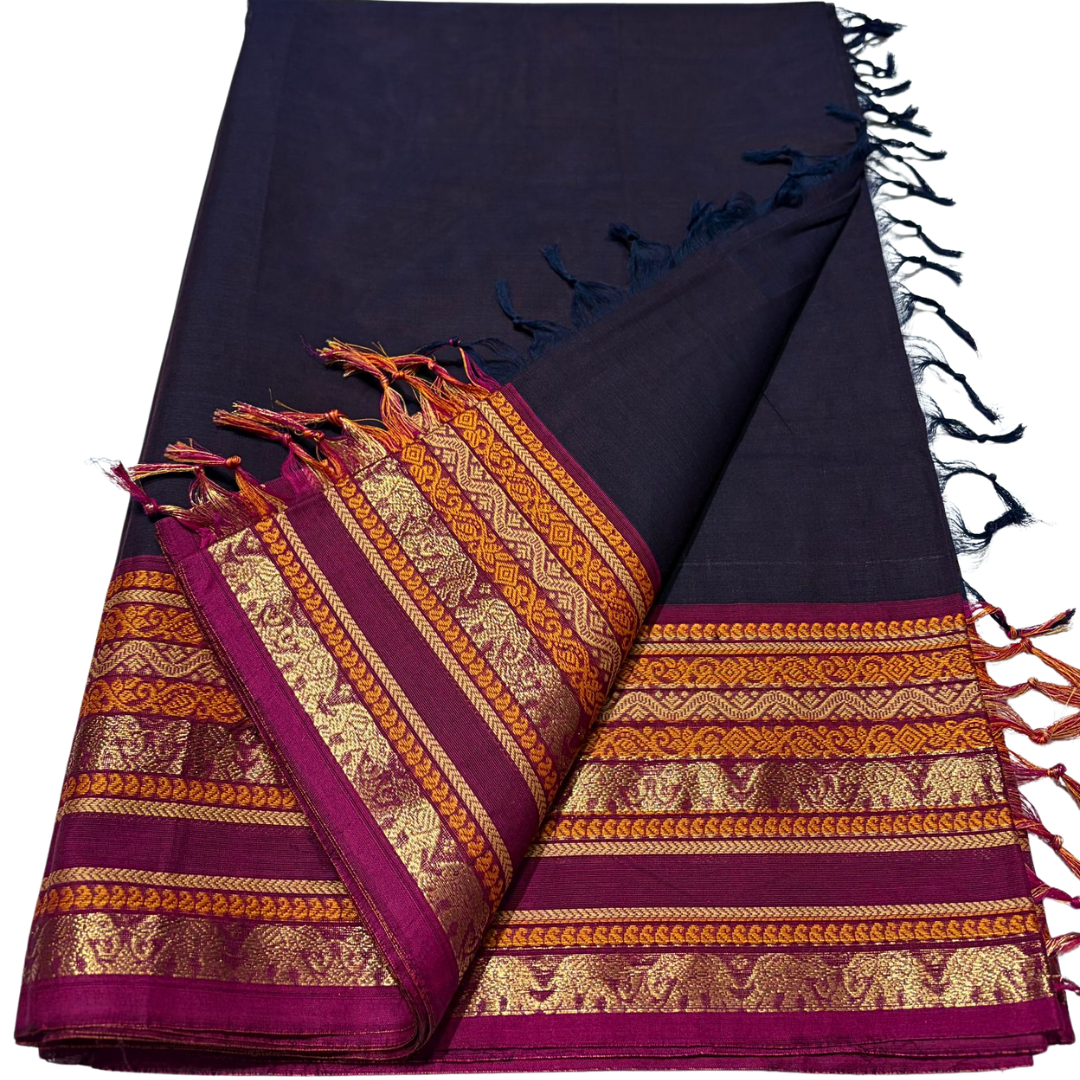 Black Handwoven Kanchi Cotton Saree with zari border