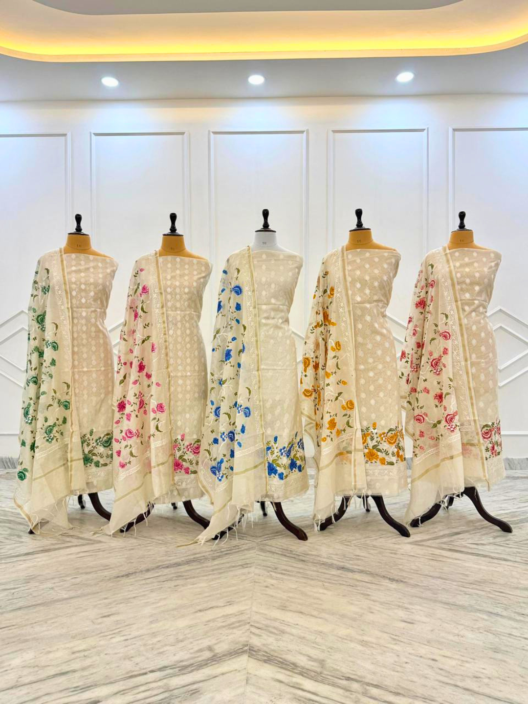 Banarasi Cotton Unstitched Suit Set with Embroidered Kurta & Dupatta – Elegant Festive Wear Dress Material