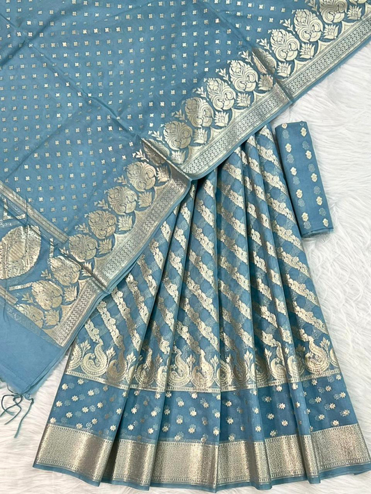 Sky Blue Banarasi Chanderi Unstitched Lehenga Choli with Dupatta | Festive Wear