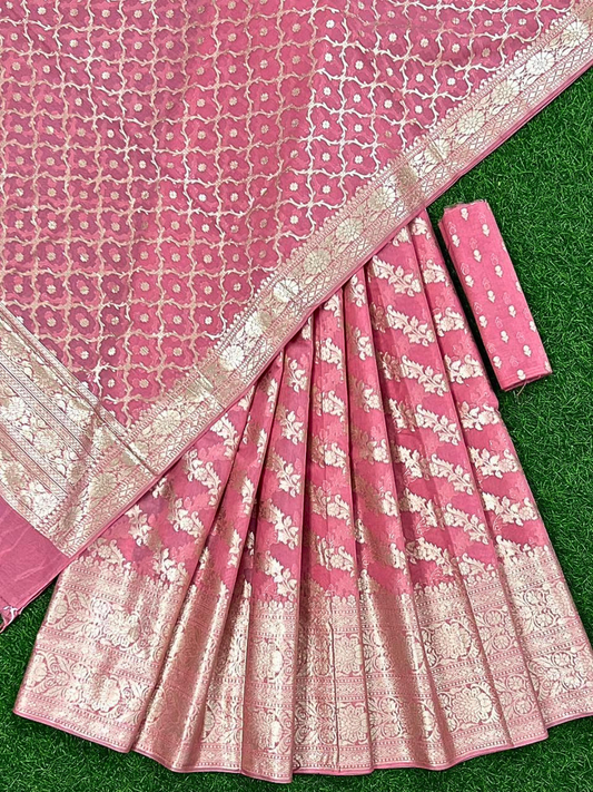 Pink Banarasi Chanderi Unstitched Lehenga Choli with Dupatta | Party Wear