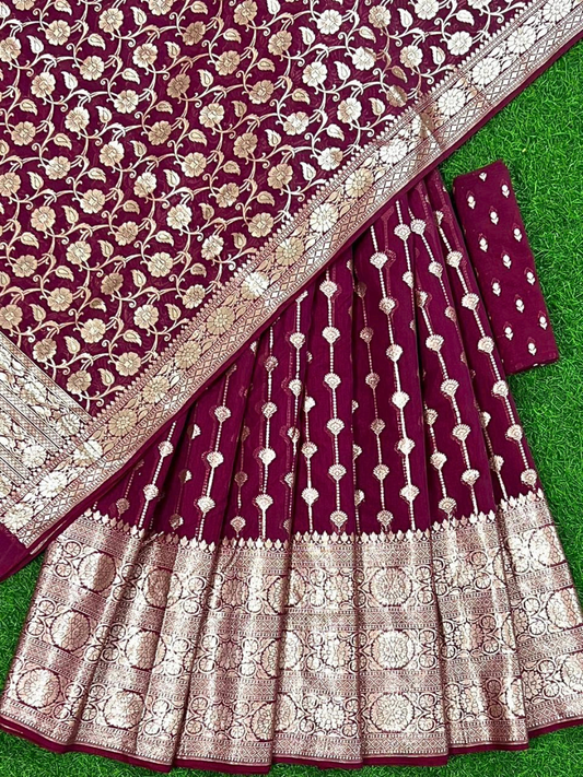 Maroon  Banarasi Chanderi Unstitched Lehenga Choli with Dupatta | Wedding Wear