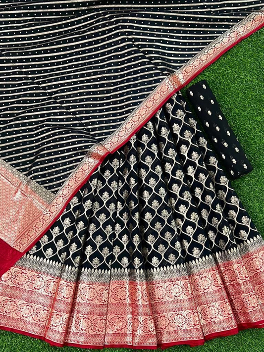 Black Banarasi Chanderi Unstitched Lehenga Choli with Red Border & Dupatta | Wedding & Festive Wear