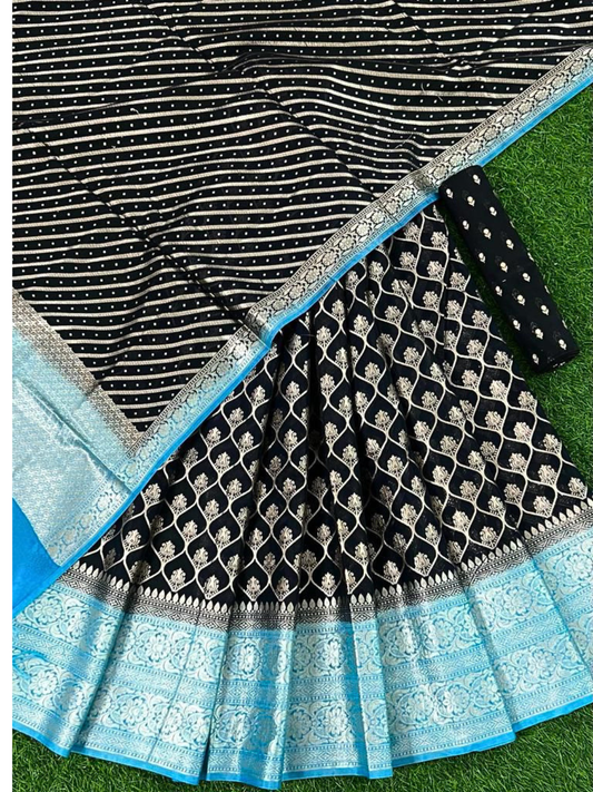 Black Banarasi Chanderi Unstitched Lehenga Choli with Sky Blue Border & Dupatta | Wedding & Festive Wear