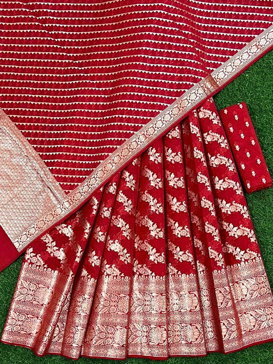 Red Banarasi Chanderi Unstitched Lehenga Choli with Dupatta | Bridal & Wedding Wear