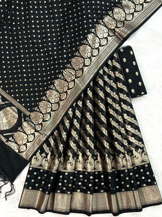 Black Banarasi Chanderi Unstitched Lehenga Choli with Dupatta | Designer Ethnic Wear