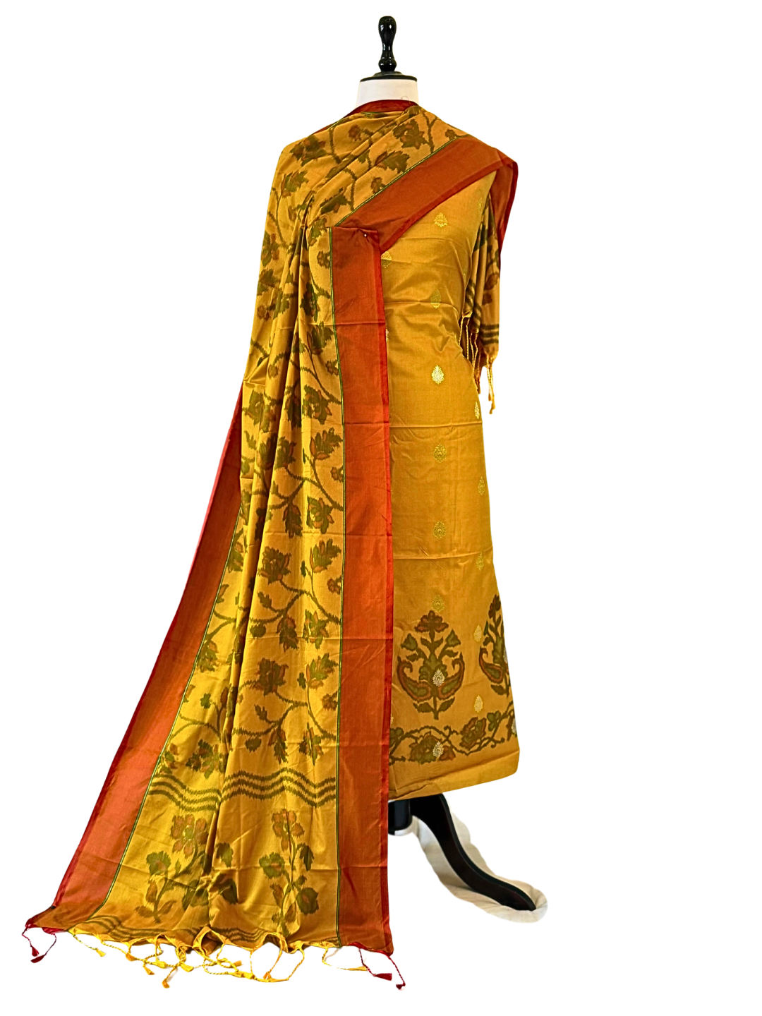 Orange Banarasi Silk Blend Unstitched Salwar Suit Set with Woven Dupatta