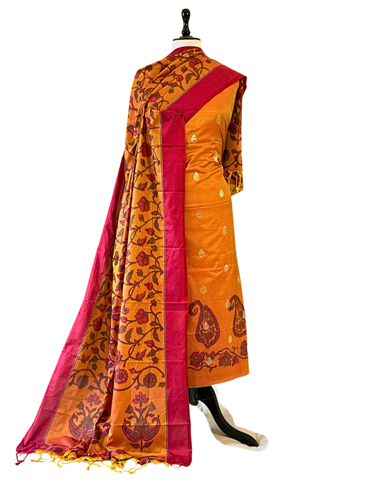 Orange Banarasi Silk Blend Unstitched Salwar Suit Set with Woven Dupatta