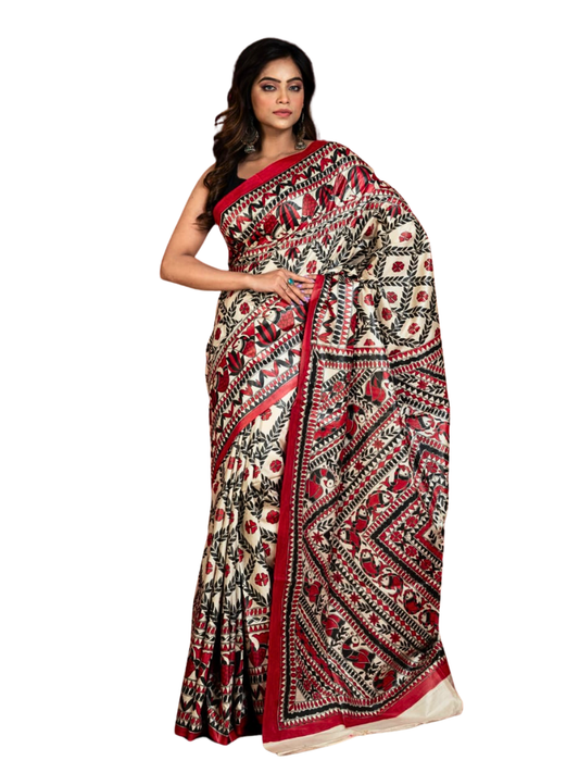 Pure Tussar Silk Madhubani Saree with Matching Blouse Piece