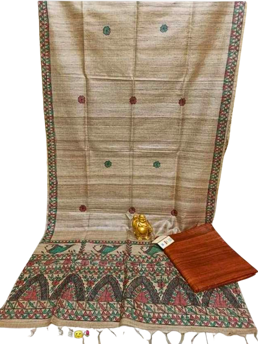 Pure Tussar Silk Unstitched Suit with Hand-Painted Madhubani Pure Tussar Silk Dupatta