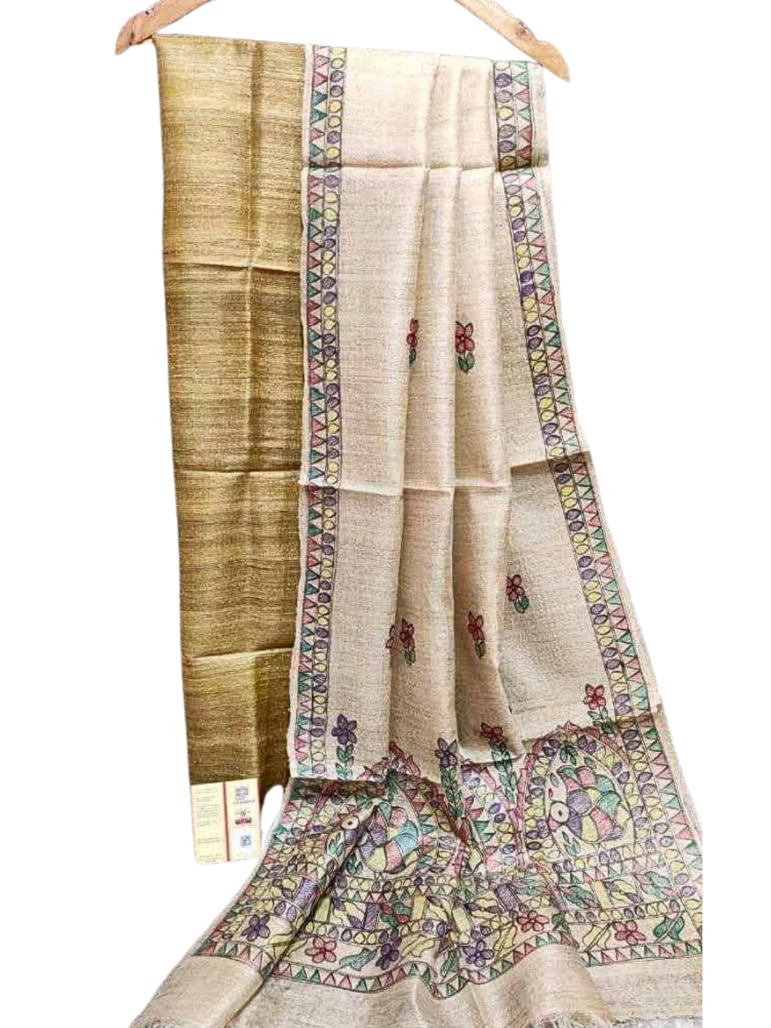 Pure Tussar Silk Unstitched Suit with Hand-Painted Madhubani Pure Tussar Silk Dupatta
