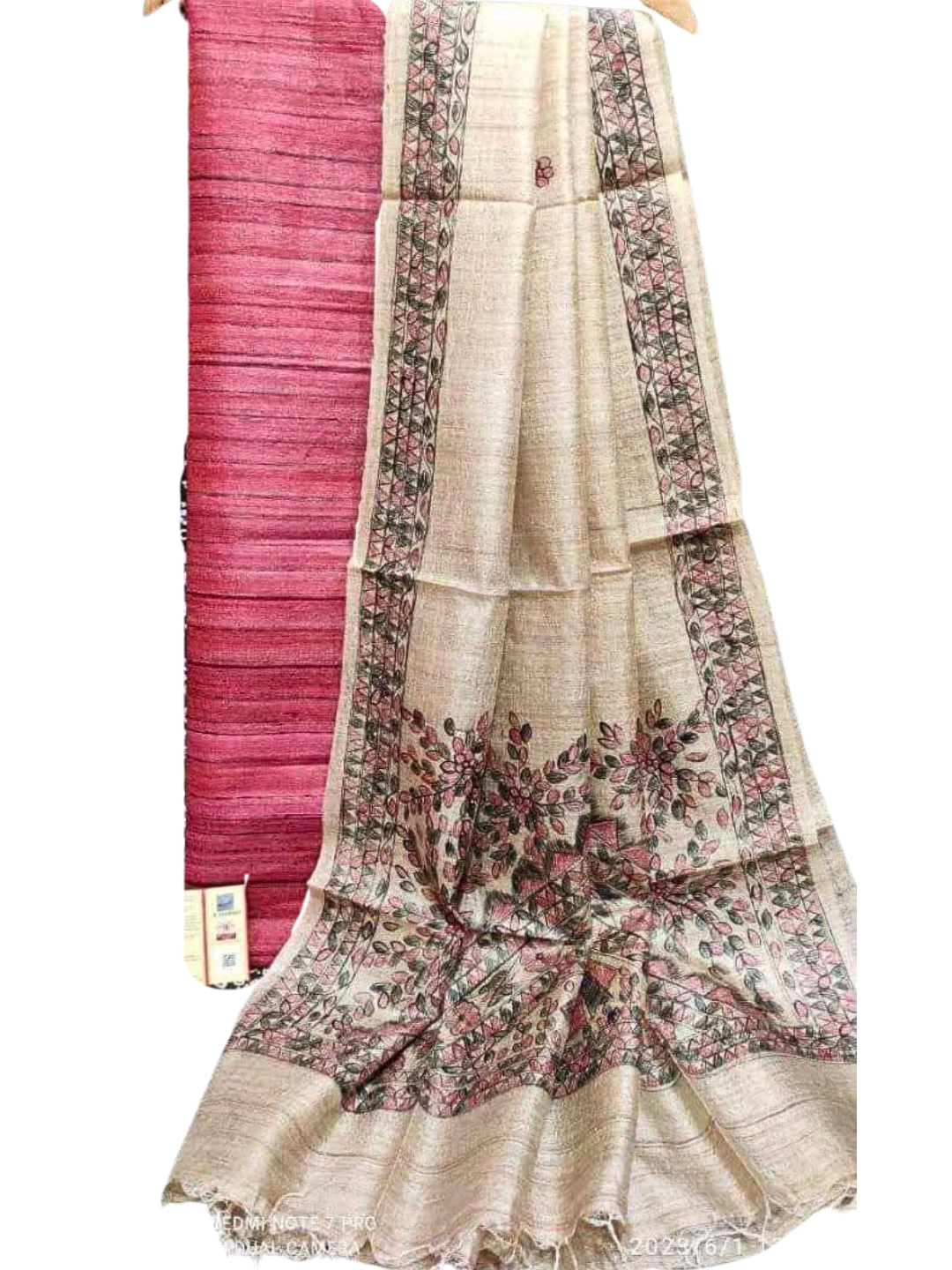 Pure Tussar Silk Unstitched Suit with Hand-Painted Madhubani Pure Tussar Silk Dupatta