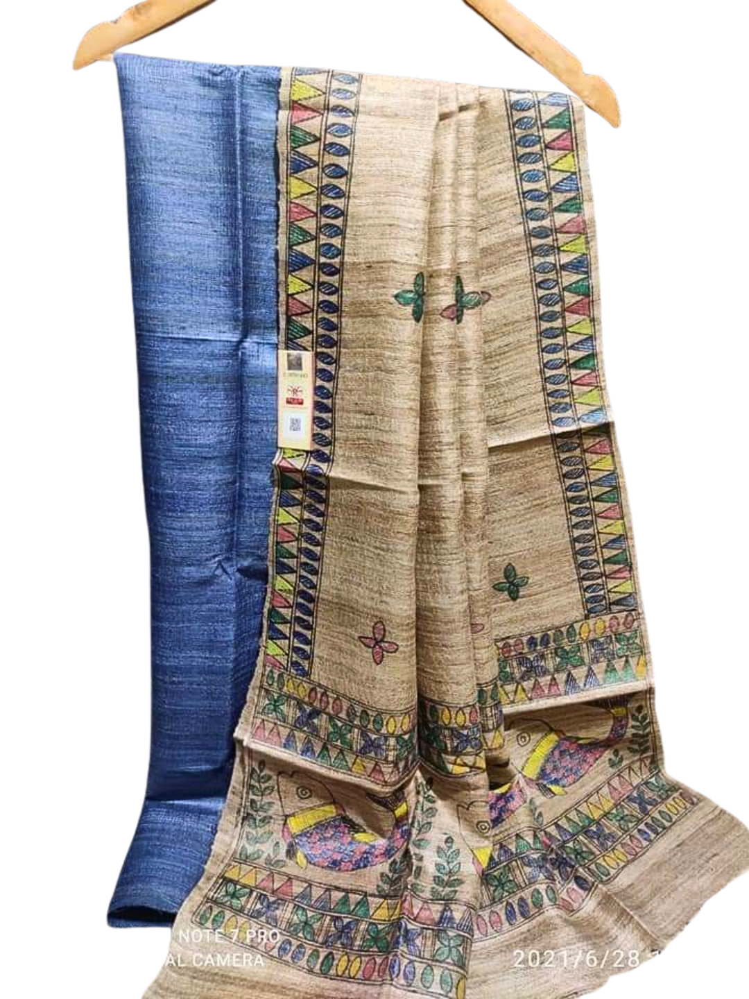 Pure Tussar Silk Unstitched Suit with Hand-Painted Madhubani Pure Tussar Silk Dupatta
