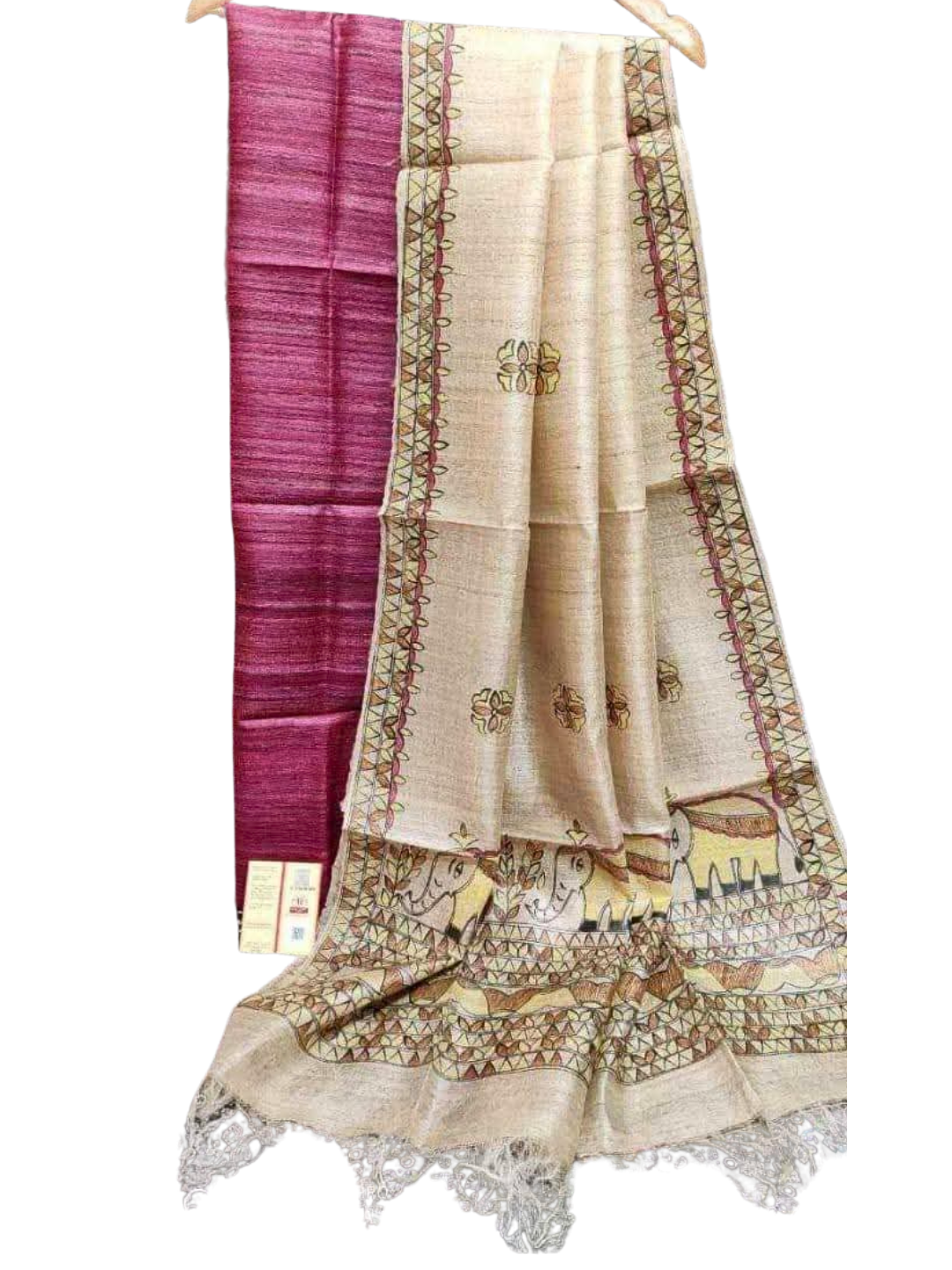 Pure Tussar Silk Unstitched Suit with Hand-Painted Madhubani Pure Tussar Silk Dupatta