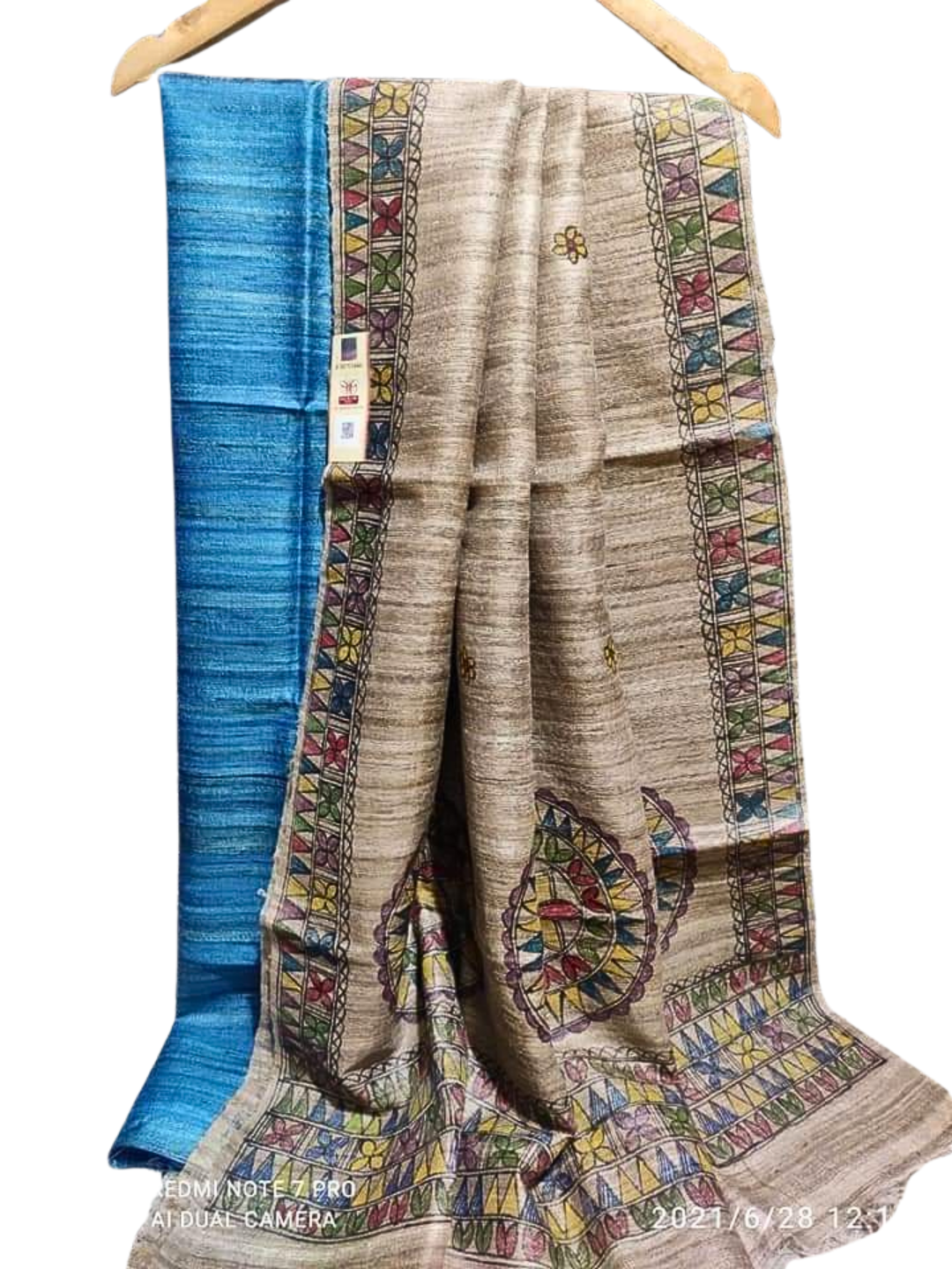 Pure Tussar Silk Unstitched Suit with Hand-Painted Madhubani Pure Tussar Silk Dupatta