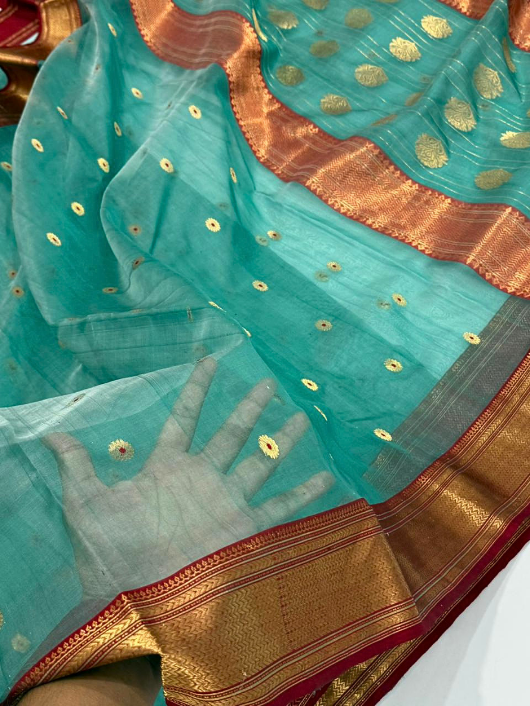 Teal Silk Chanderi Saree with Gold Zari Border | Festive & Wedding Saree