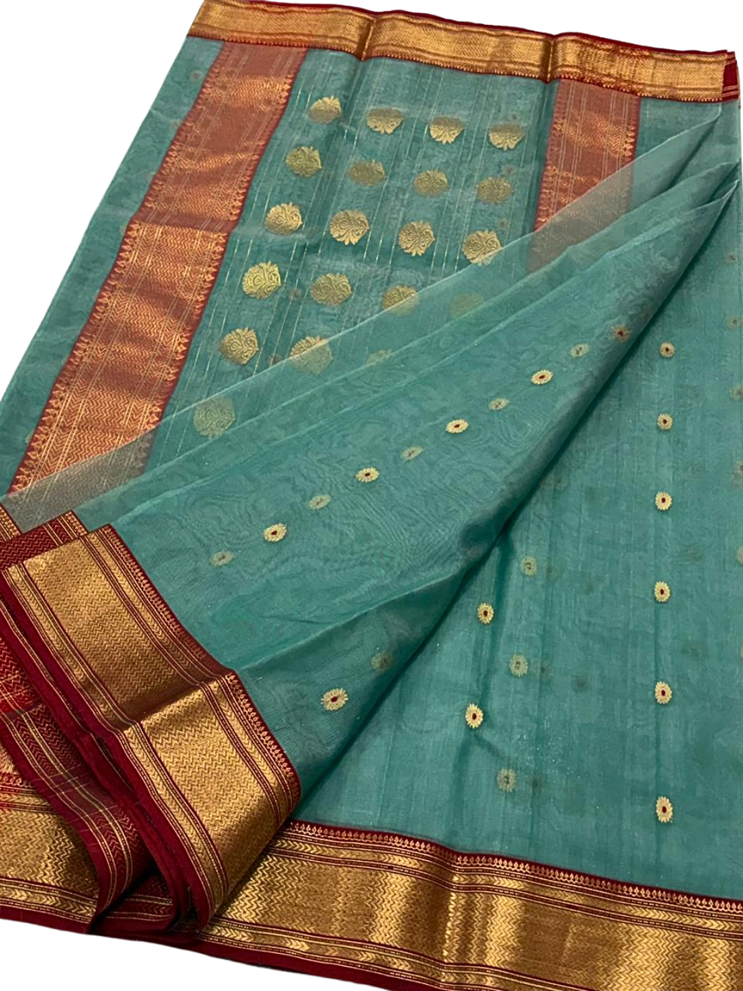 Teal Silk Chanderi Saree with Gold Zari Border | Festive & Wedding Saree