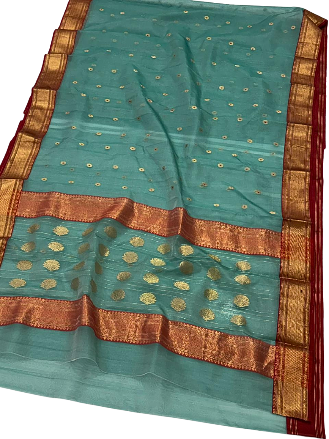 Teal Silk Chanderi Saree with Gold Zari Border | Festive & Wedding Saree