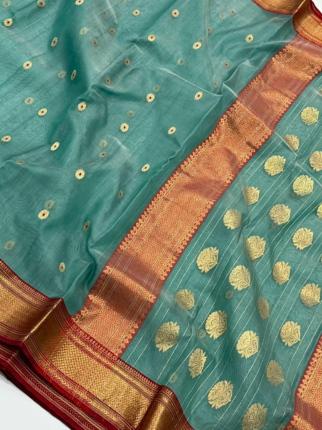 Teal Silk Chanderi Saree with Gold Zari Border | Festive & Wedding Saree
