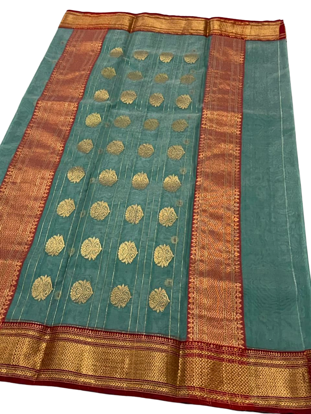 Teal Silk Chanderi Saree with Gold Zari Border | Festive & Wedding Saree