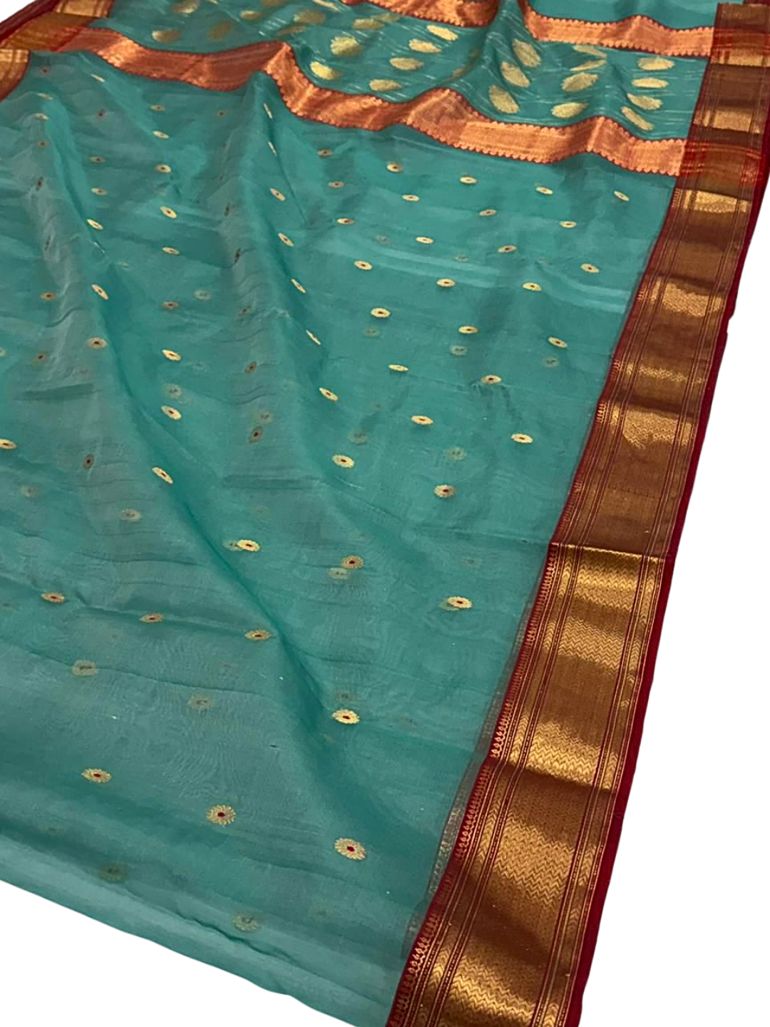 Teal Silk Chanderi Saree with Gold Zari Border | Festive & Wedding Saree