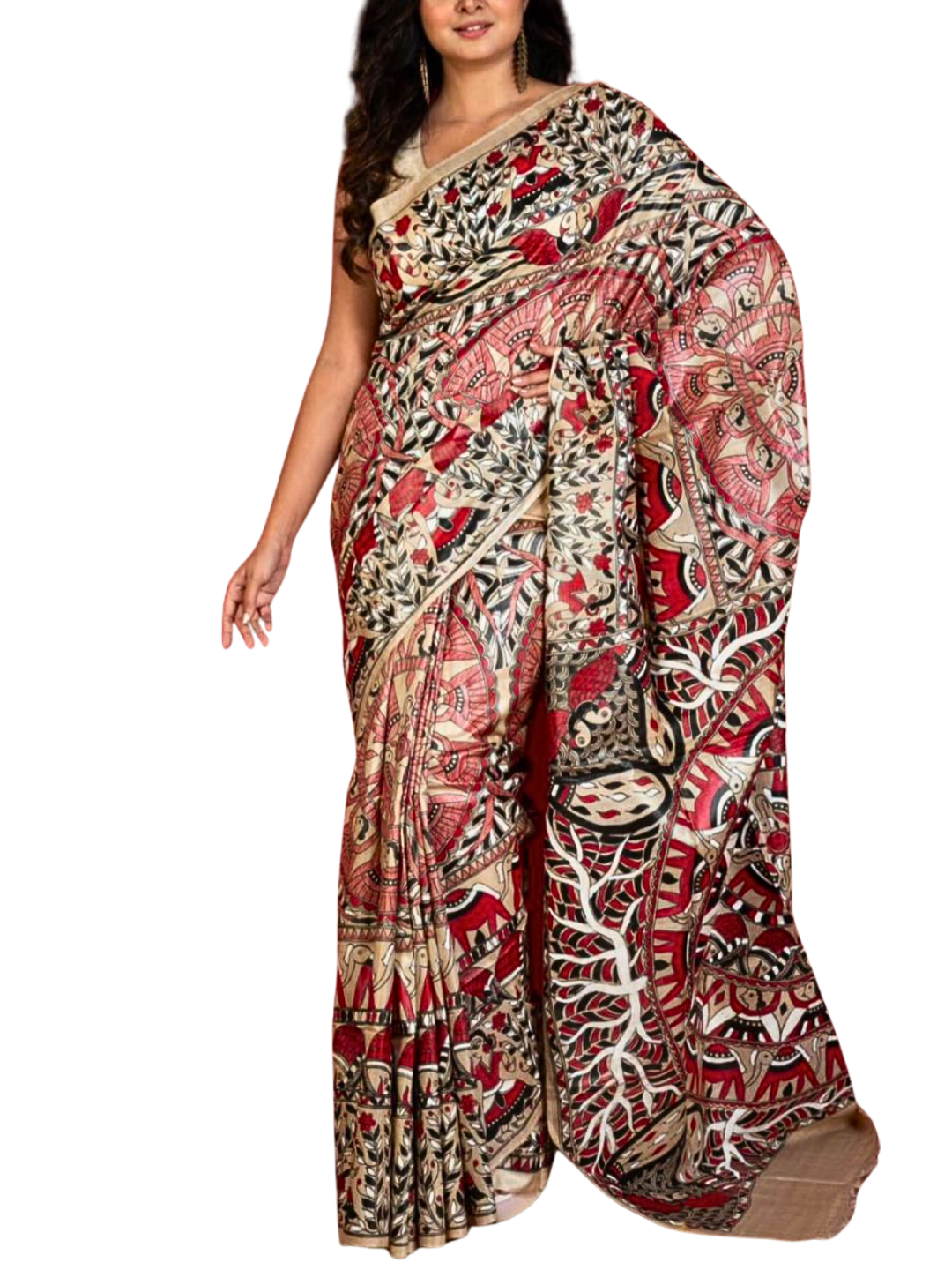 Red Pure Tussar Silk Saree with Madhubani Print | Multicolor Indian Saree