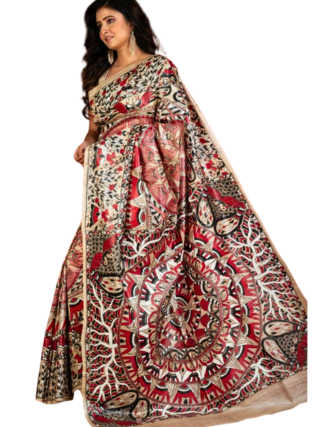 Red Pure Tussar Silk Saree with Madhubani Print | Multicolor Indian Saree