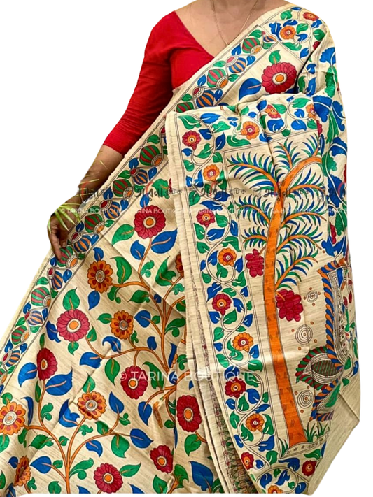Cream Pure Tussar Silk Saree with Multicolor Madhubani Print | Indian Silk Sari