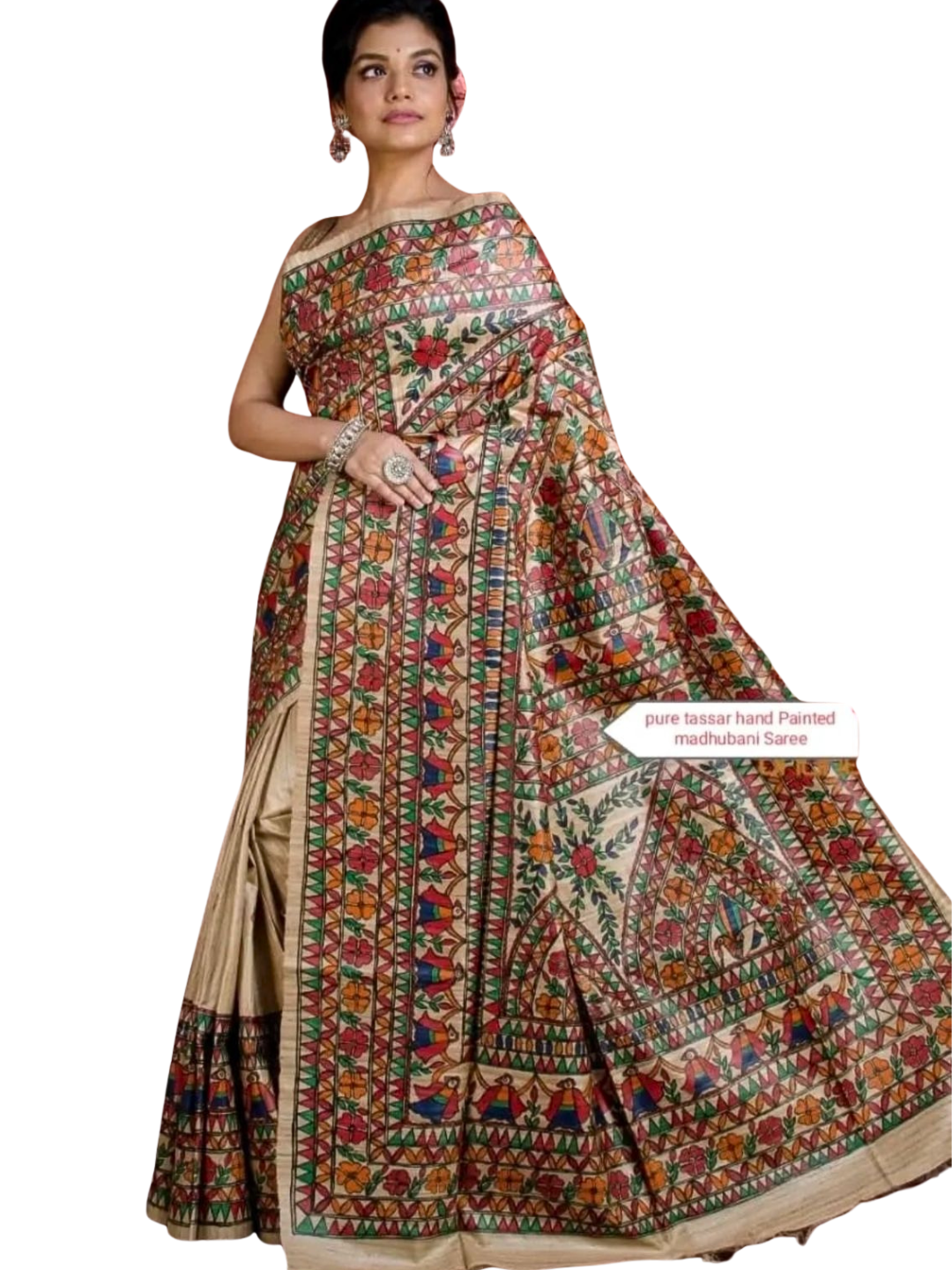 Beige Pure Tussar Silk Madhubani Saree