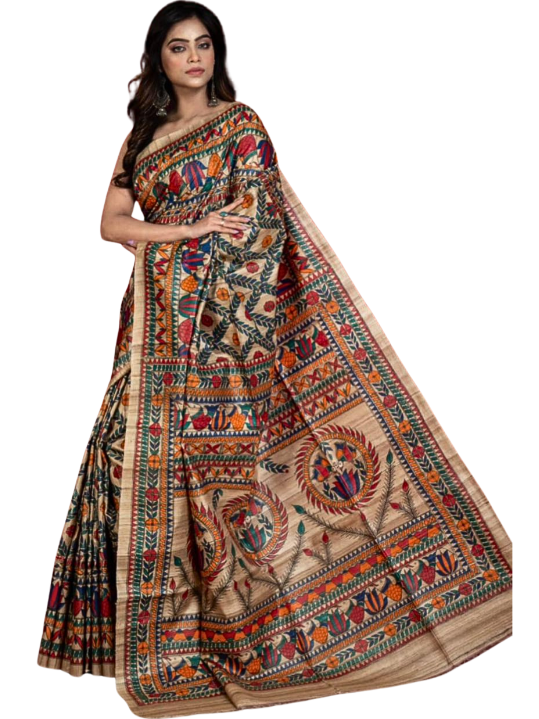 Multicolor Madhubani Printed Pure Tussar Silk Saree