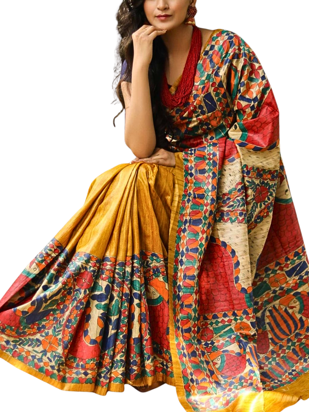 Mustard  Pure Tussar Silk Madhubani Saree