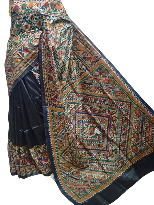 Black Pure Tussar Silk Madhubani Saree
