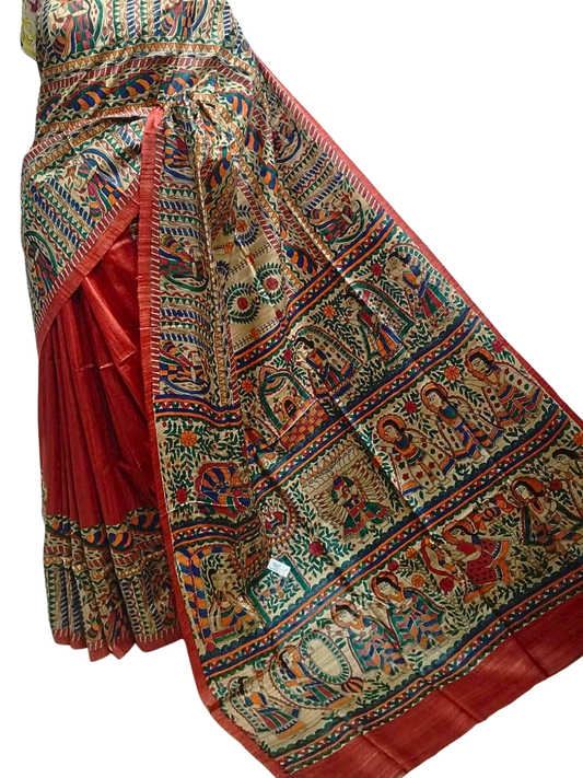 Rust  Pure Tussar Silk Madhubani Saree