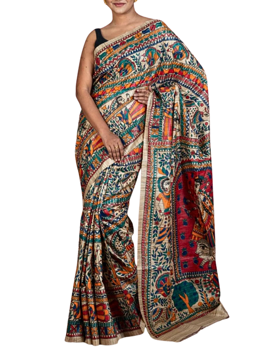 Colourful  Pure Tussar Silk Madhubani Saree