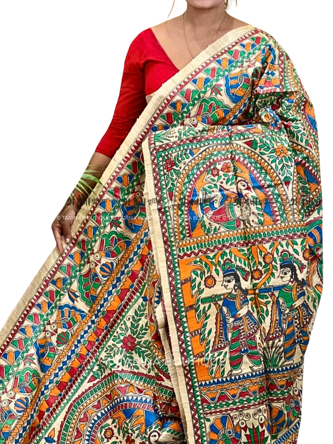 Multicolored Floral  Pure Tussar Silk Madhubani Saree