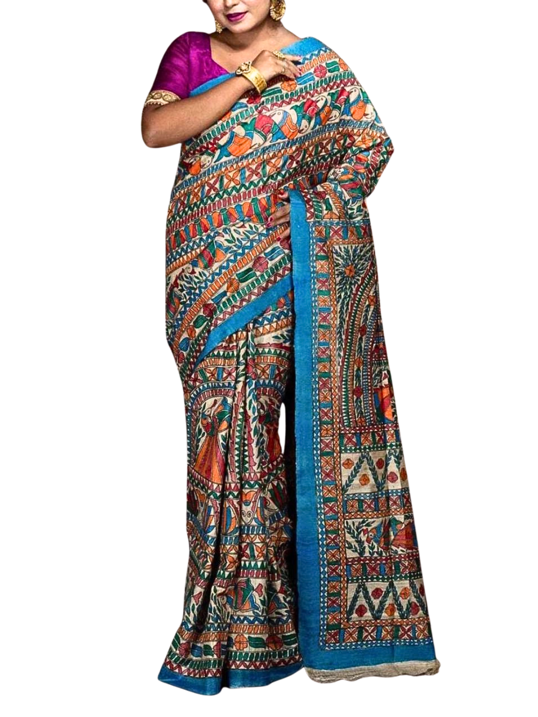 Blue Pure Tussar Silk Madhubani Saree